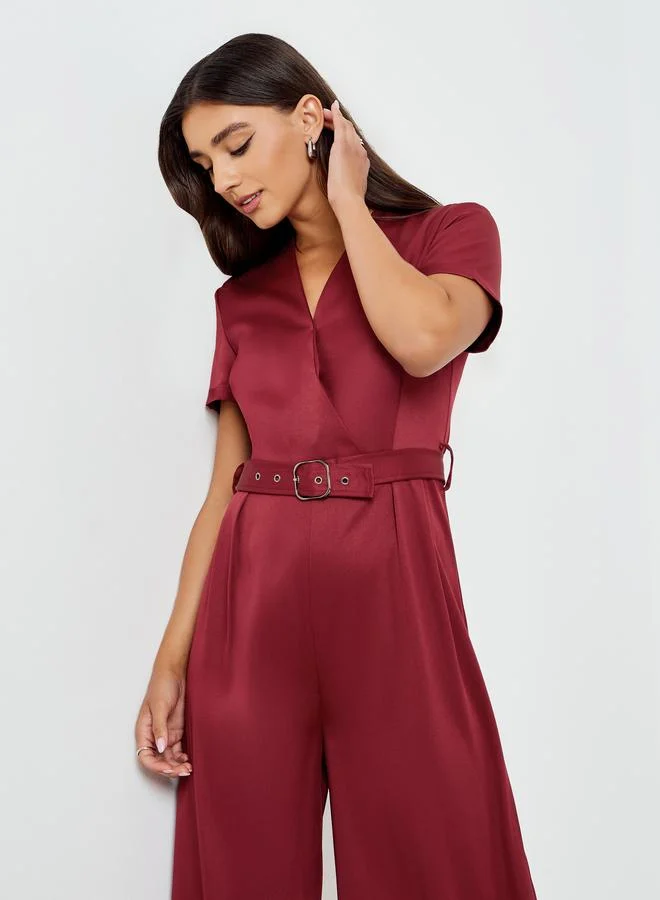 Styli Women Burgundy Belted Wide Legged Jumpsuits